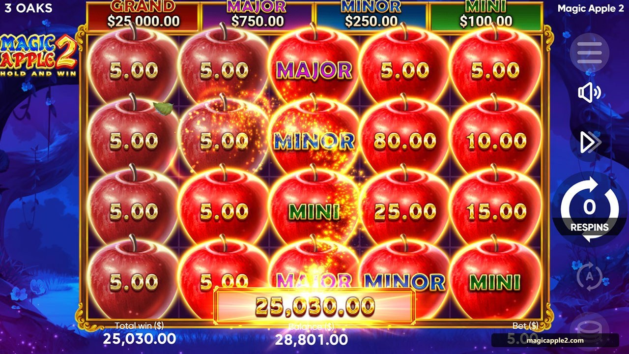 Magic Apple 2 Grand jackpot: barcha 20 pozitsiya olmalar bilan to‘lgan ekran